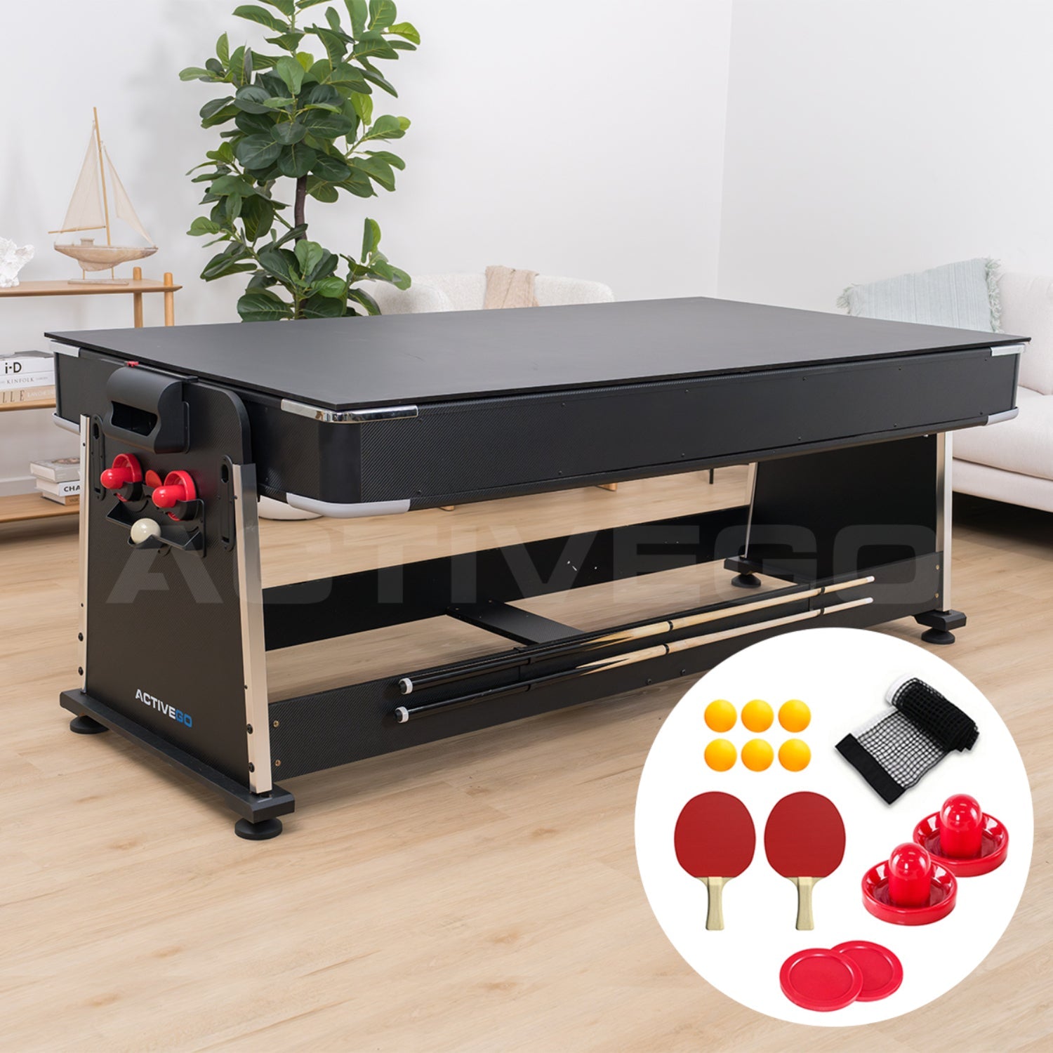 ActiveGo AirShot 7ft Convertible 4-IN-1 Pool, Air Hockey, Table Tennis Table & Tabletop