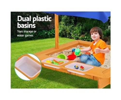 Wooden Kids Sandpit with Shade and Water Tubs