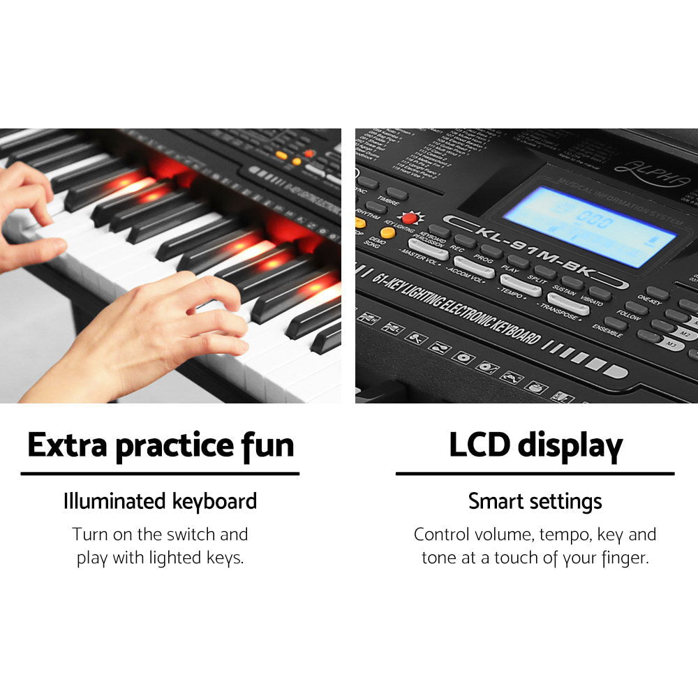 Alpha 61 Keys Electronic Piano Keyboard with Stand Lighted Black
