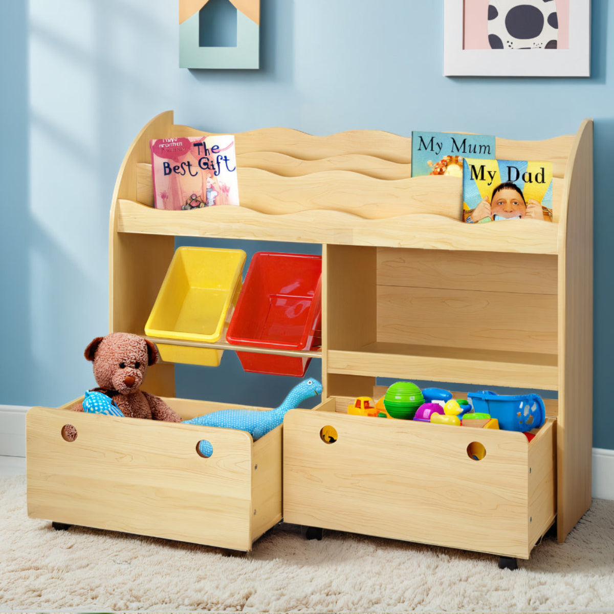 Keezi 3 Tier Bookshelf with Bins and Drawers