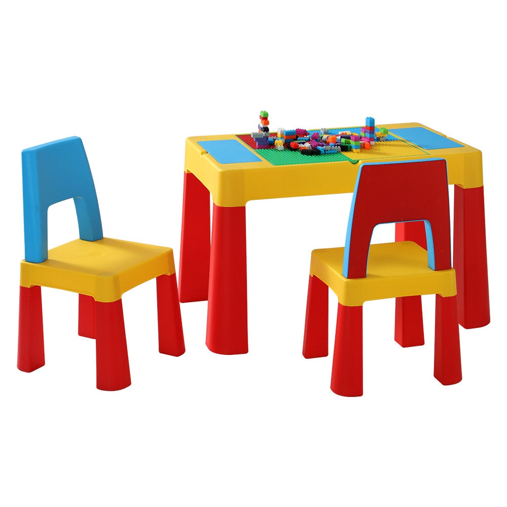 Keezi Kids Reversible Desk Table and Chairs Set with Storage and Building Blocks