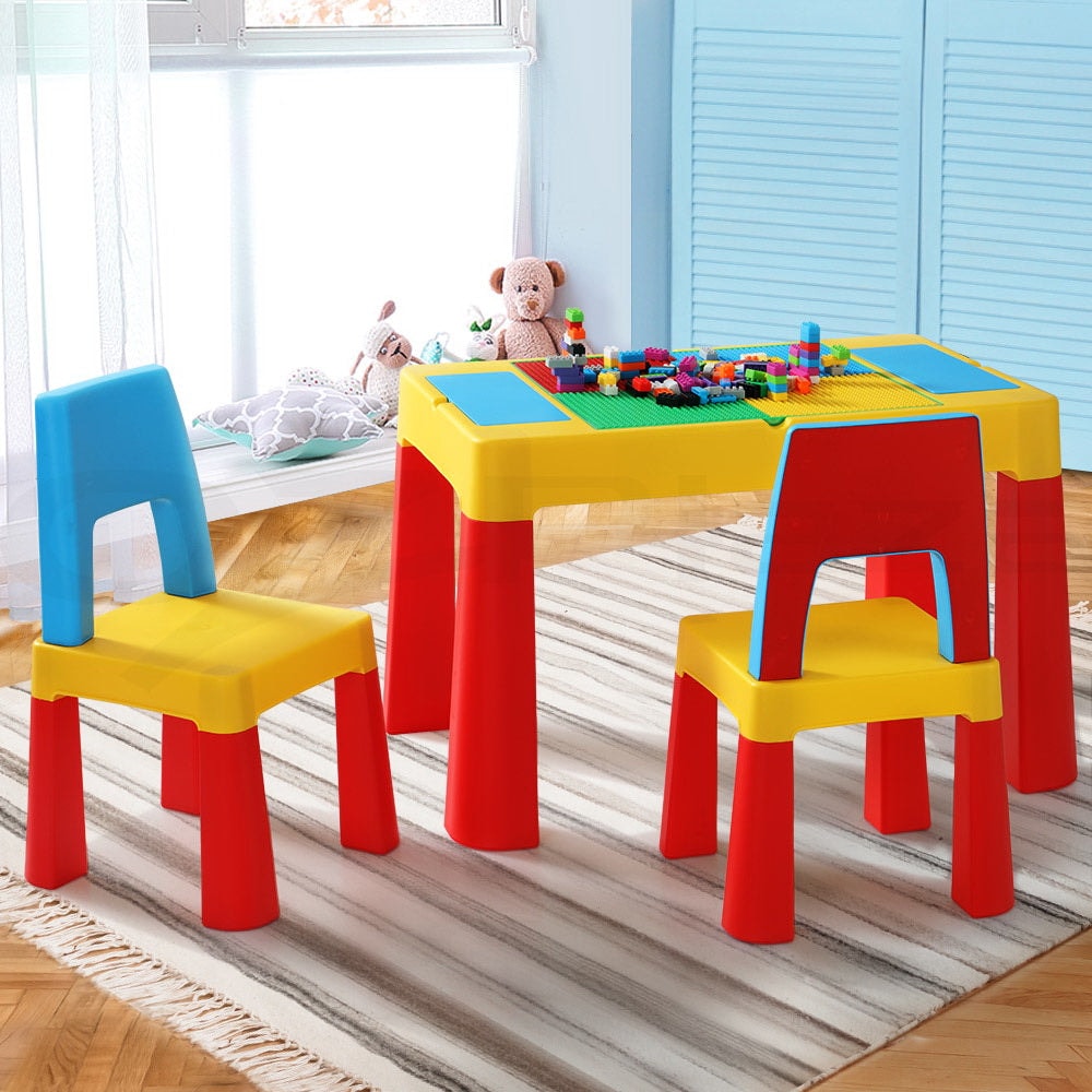 Keezi Kids Reversible Desk Table and Chairs Set with Storage and Building Blocks