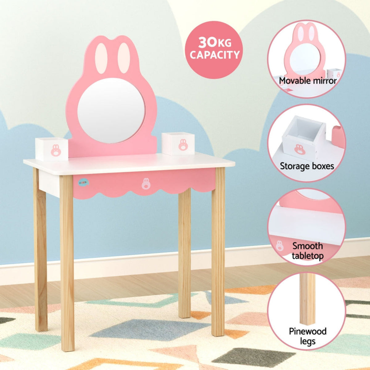 Keezi Kids Bunny Dressing Table and Chairs Set