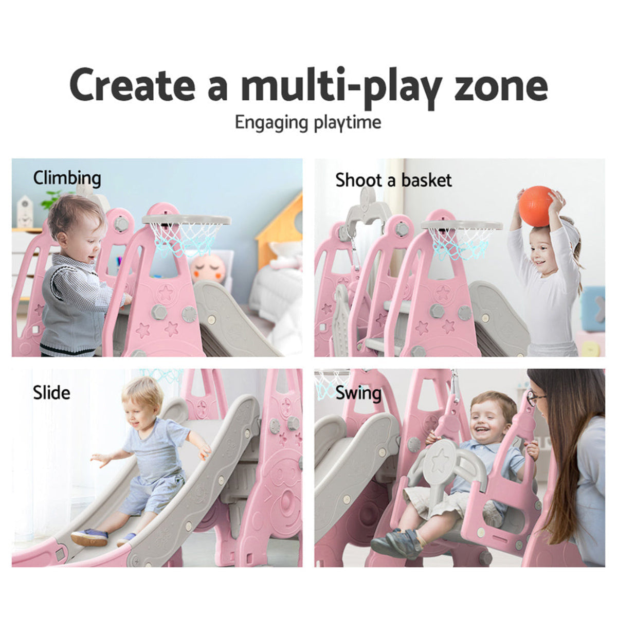 Keezi Kids Extra Long Slide and Swing with Basketball Hoop Set - Pink