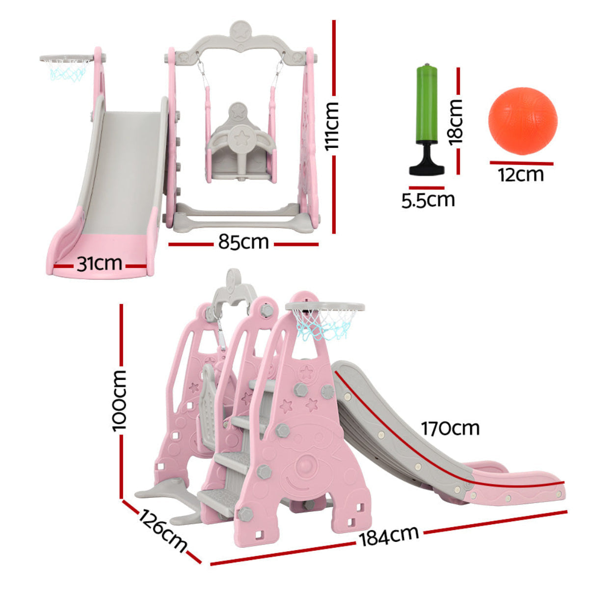 Keezi Kids Extra Long Slide and Swing with Basketball Hoop Set - Pink