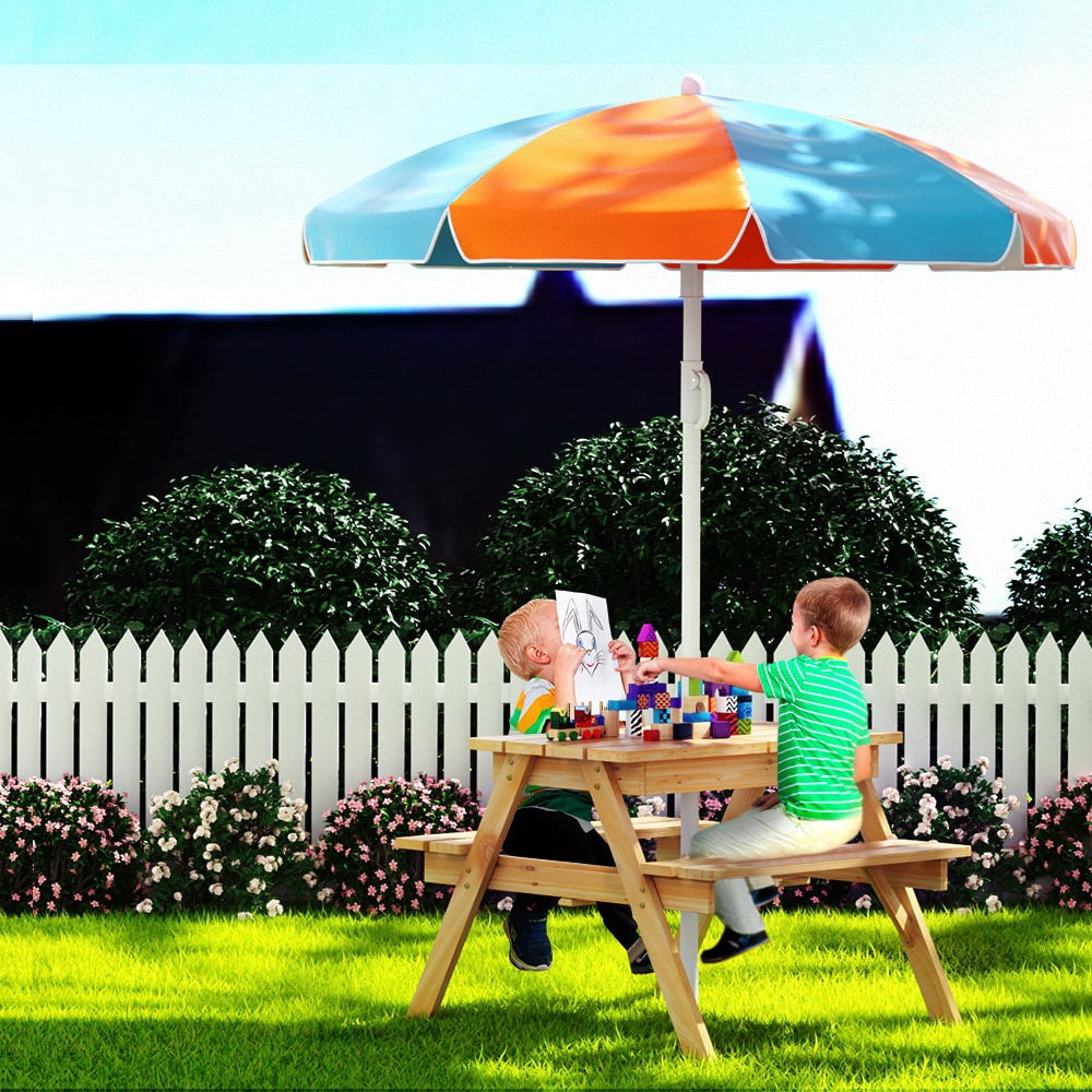 Keezi Kids Outdoor Table and Chairs Picnic and Bench Set with Umbrella