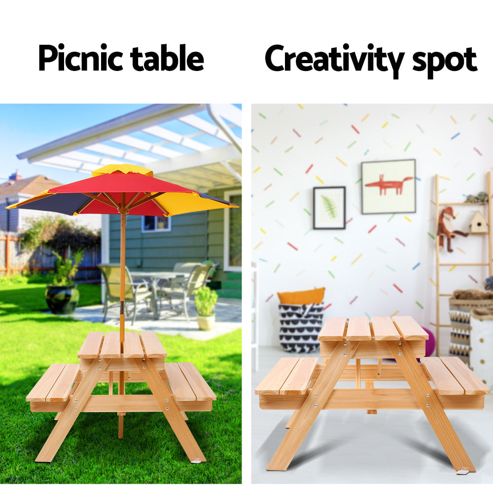 Keezi Kids Outdoor Wooden Picnic Table and Chairs Set with Umbrella