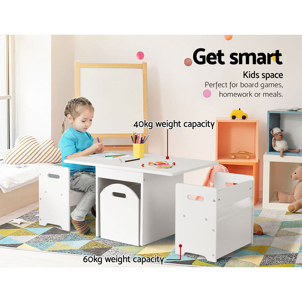 Keezi Kids White Table and Chairs with Large Storage Box