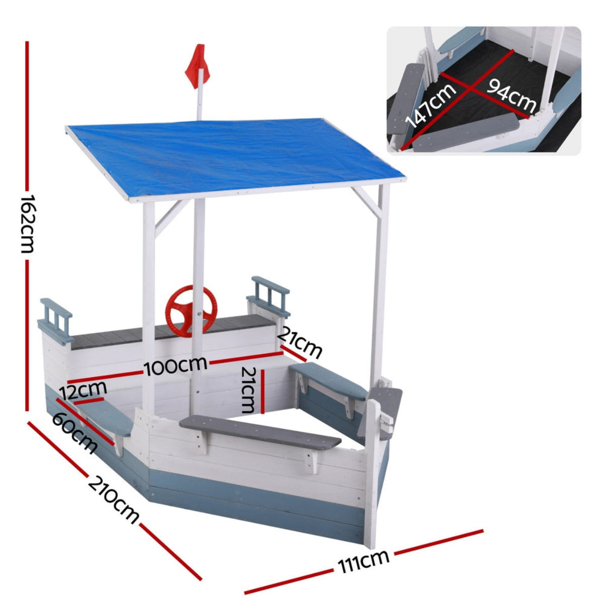 Keezi Kids Wooden Boat Sandpit with Canopy