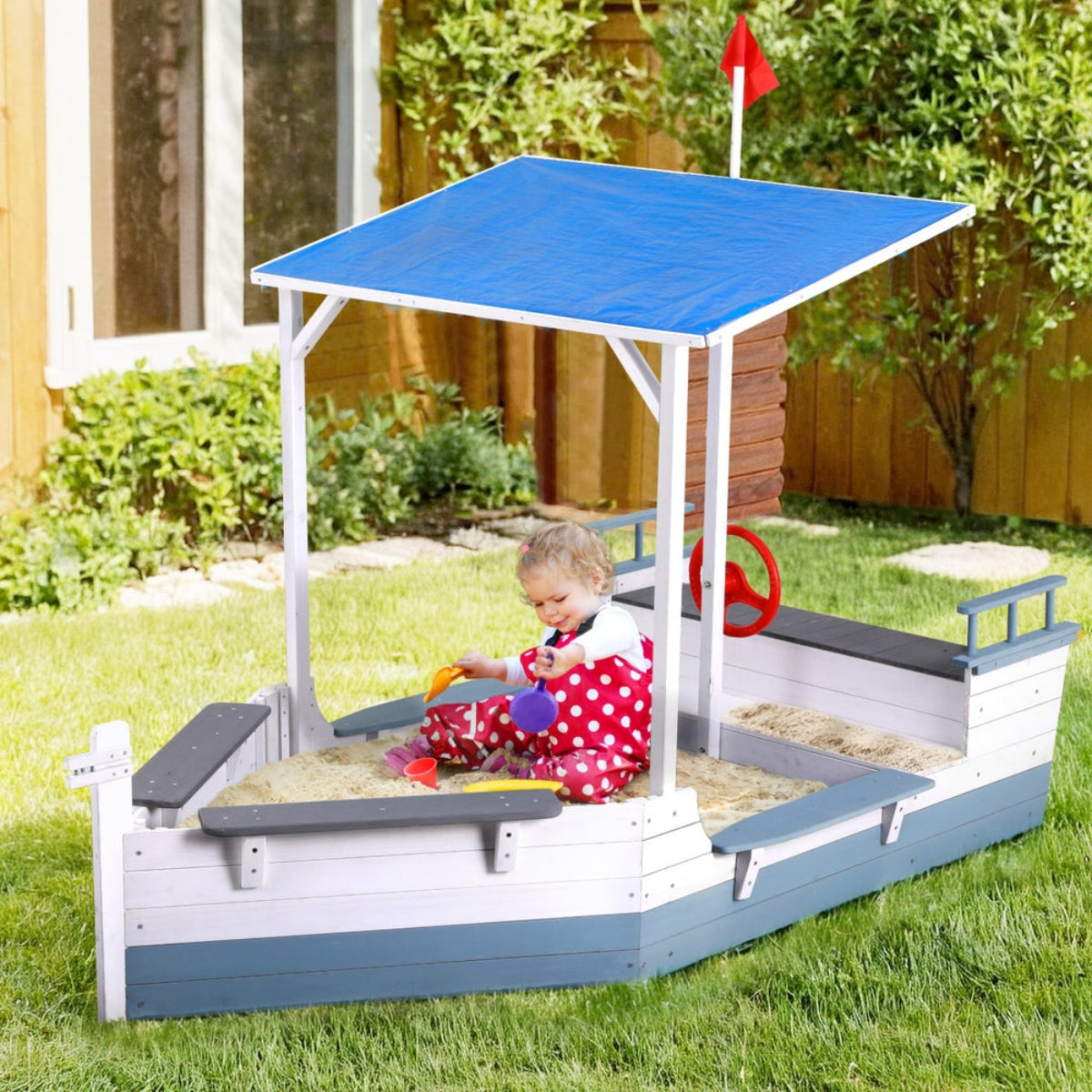 Keezi Kids Wooden Boat Sandpit with Canopy