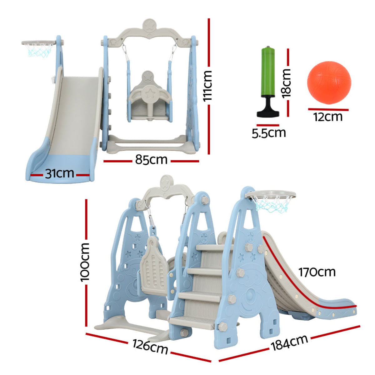 Keezi Toddler Slide and Blue Swing with Basketball Set