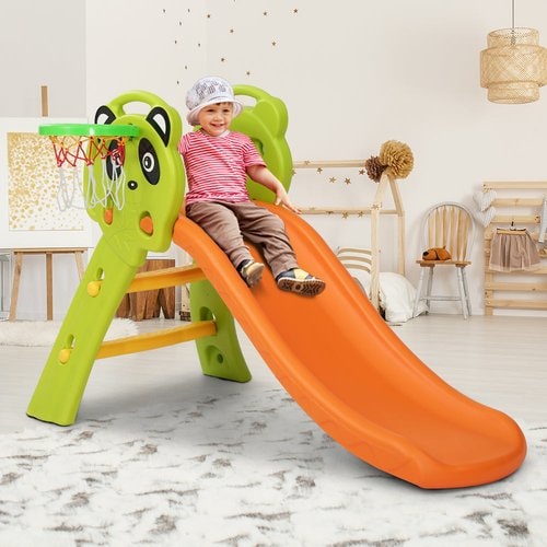 Kids Plastic Panda Slide and Basketball Hoop