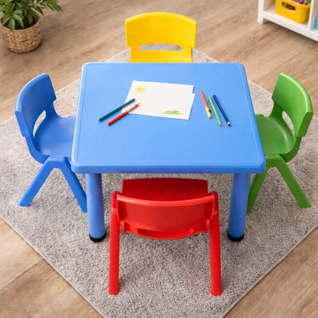 Kids Plastic Table and 4 Chairs Set – Coloured Square Table with Stackable Chairs