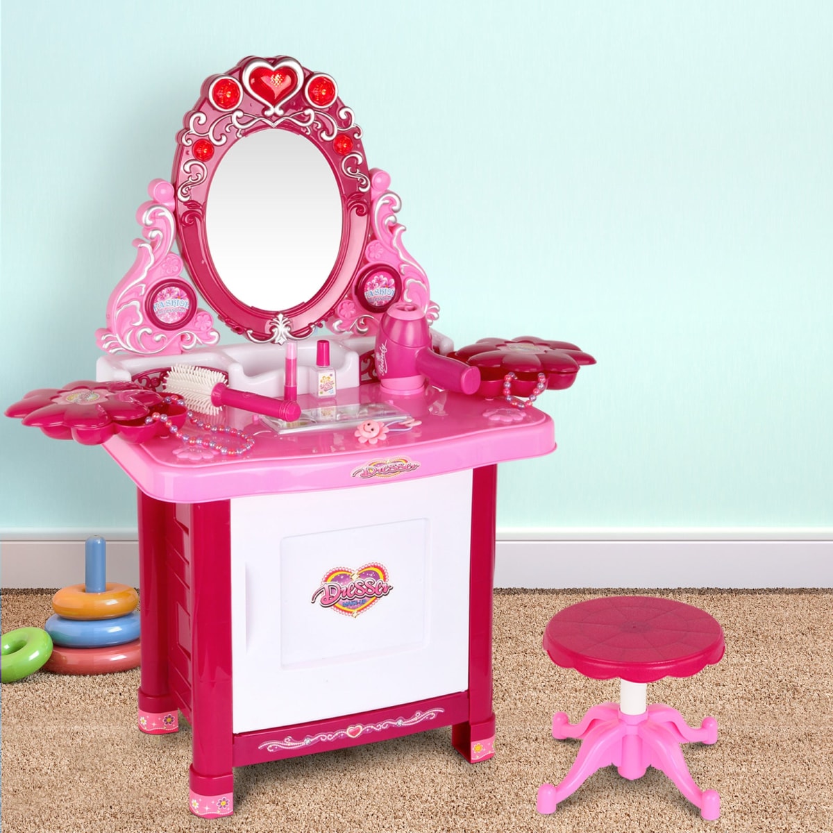 Keezi Pink Princess Make Up Dresser with Accessories and Mini Stool