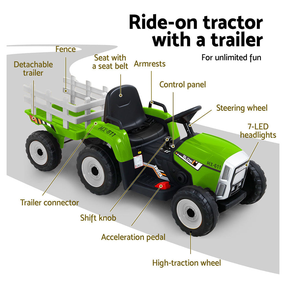 Rigo Kids Tractor Trailer Electric Ride On Car - Green