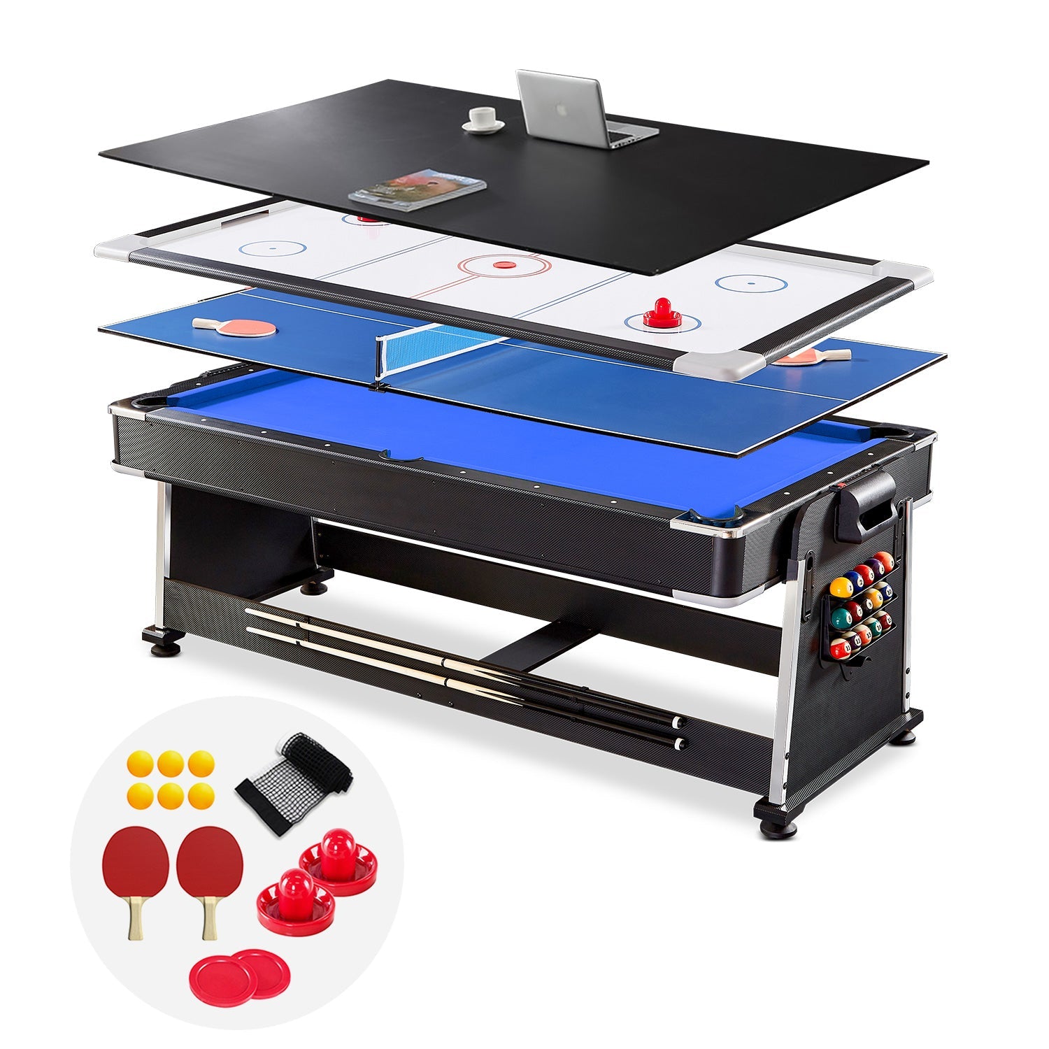 ActiveGo AirShot 7ft Convertible 4-IN-1 Pool, Air Hockey, Table Tennis Table & Tabletop