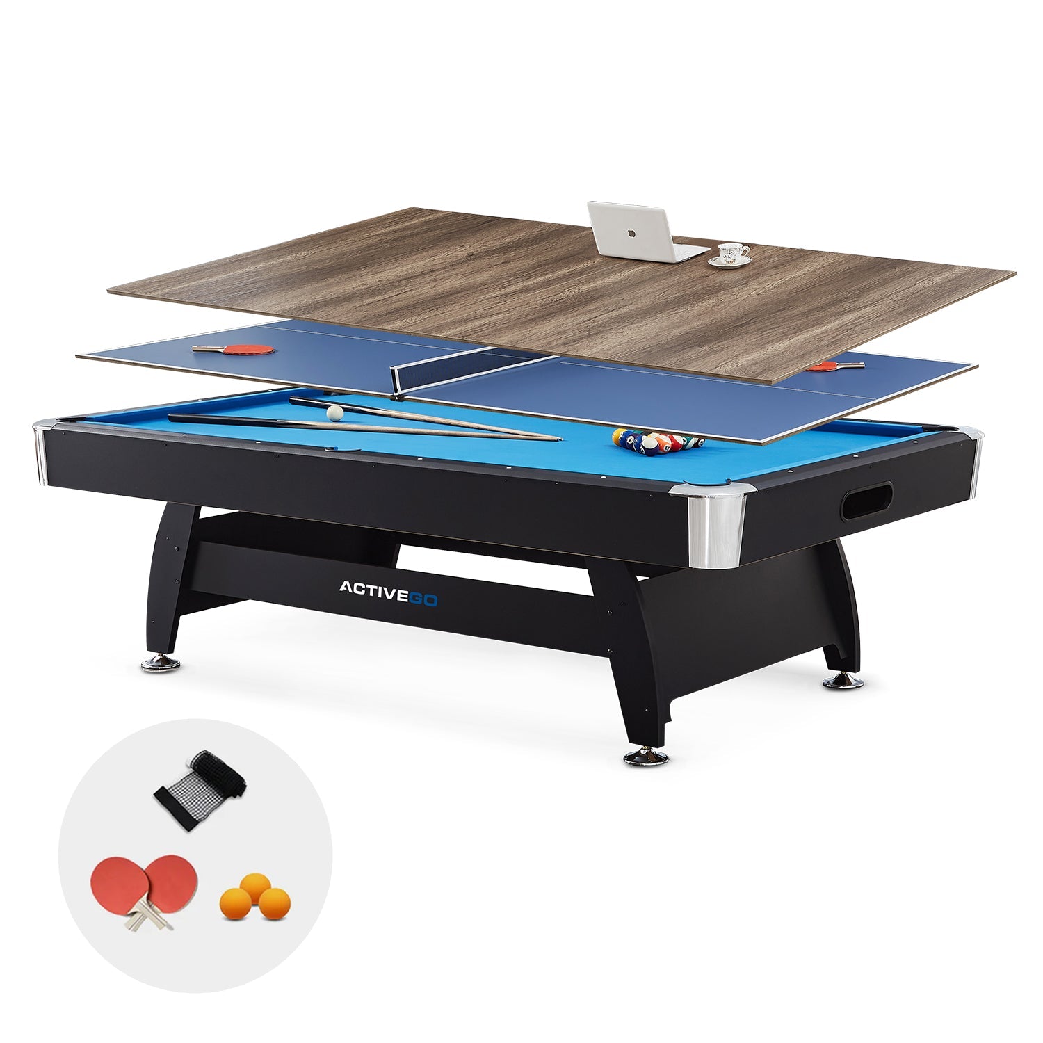 ActiveGo BreakShot 8ft Pool Table with 3-IN-1 Table Top