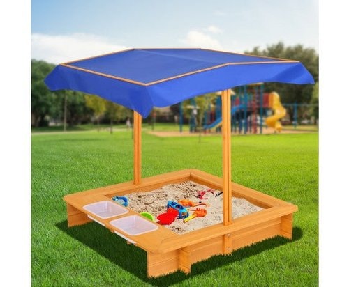Wooden Kids Sandpit with Shade and Water Tubs