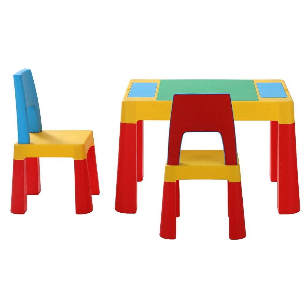 Keezi Kids Reversible Desk Table and Chairs Set with Storage and Building Blocks