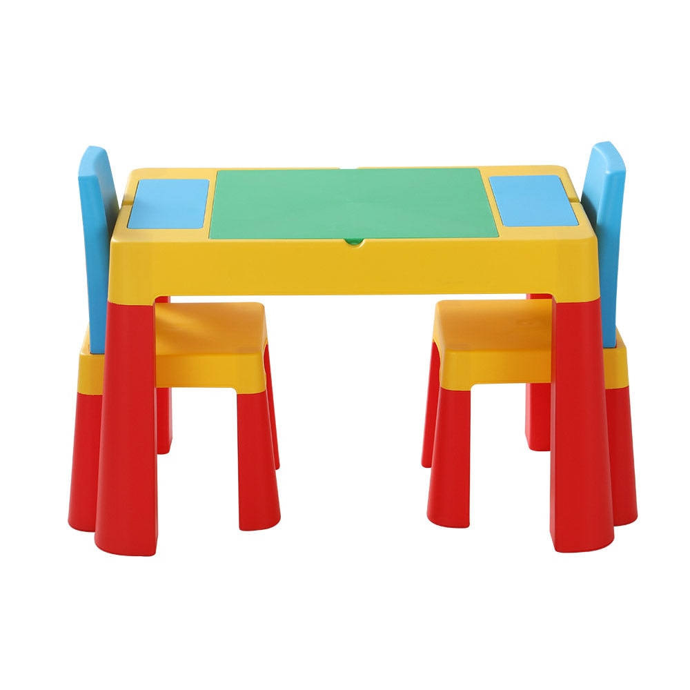 Keezi Kids Reversible Desk Table and Chairs Set with Storage and Building Blocks