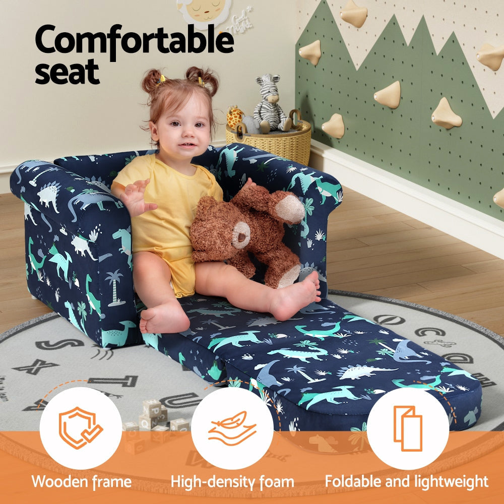 Keezi Flip Open Dinosaur Kids Sofa in Navy Blue