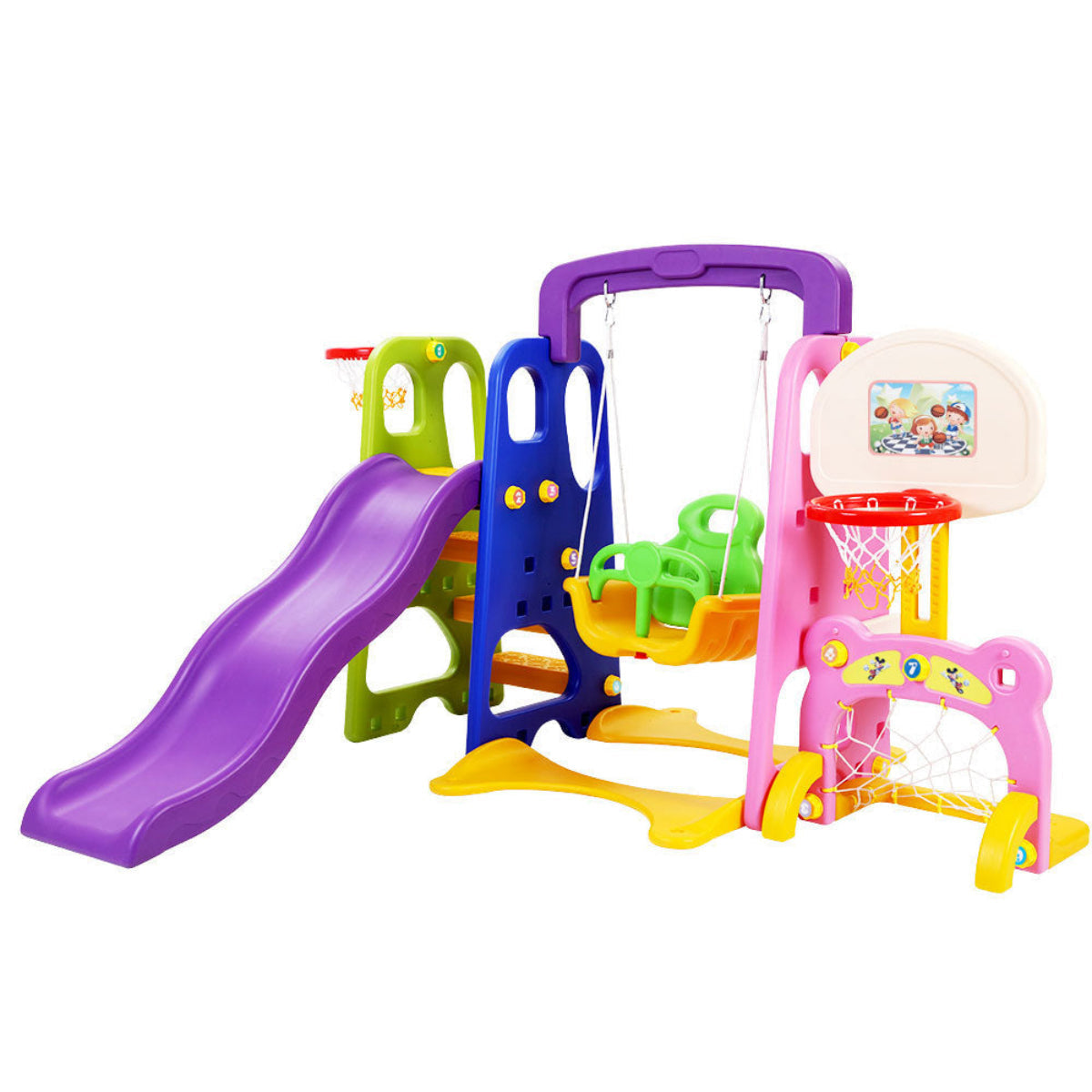 Keezi Kids 7-in-1 Slide and Swing with Basketball and Soccer Playset