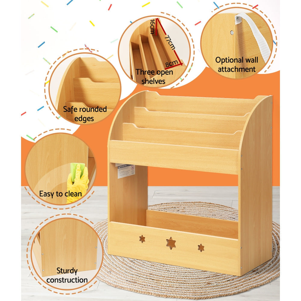 Keezi Kids Bookshelf Wooden 3-Tier Organiser with Extra Storage