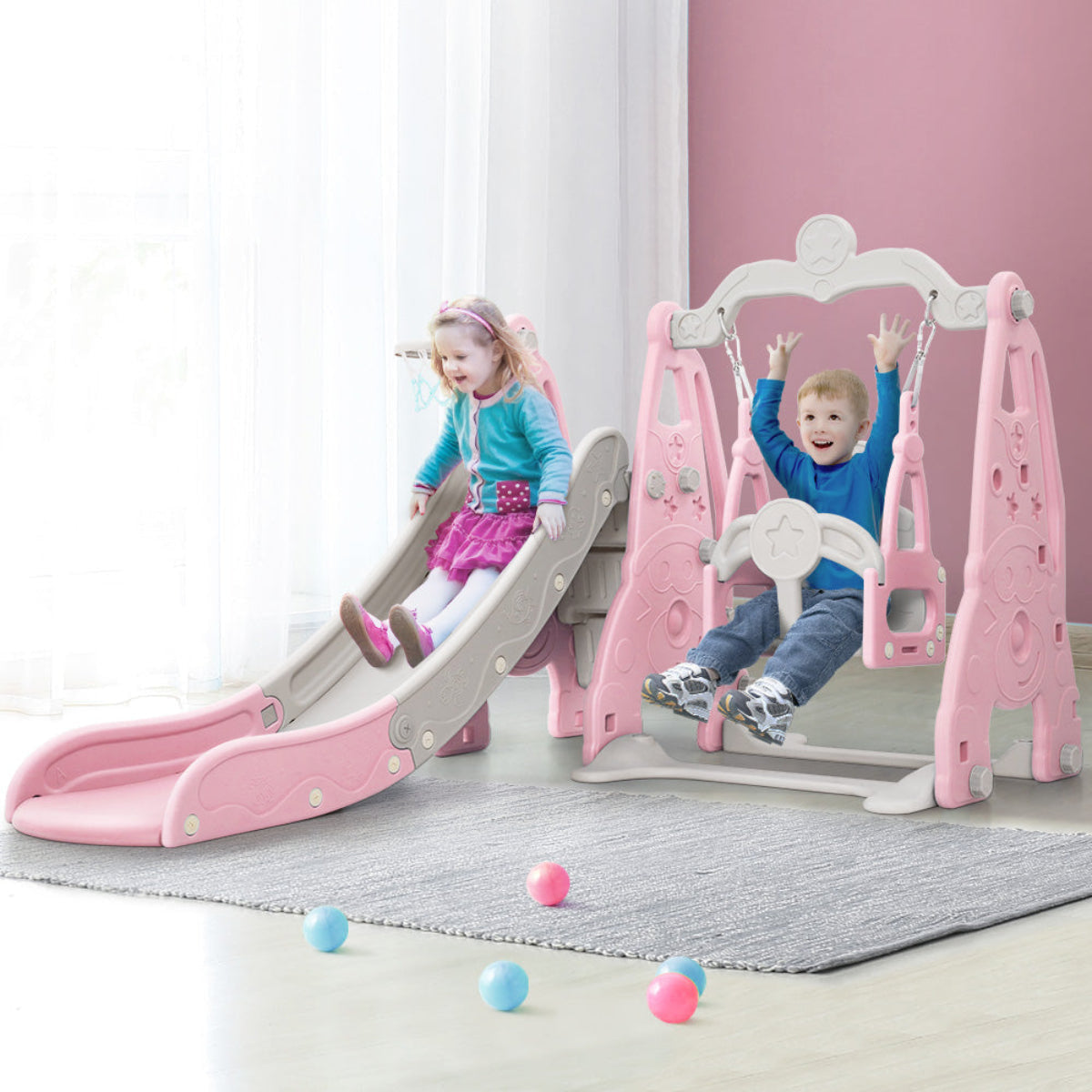 Keezi Kids Extra Long Slide and Swing with Basketball Hoop Set - Pink