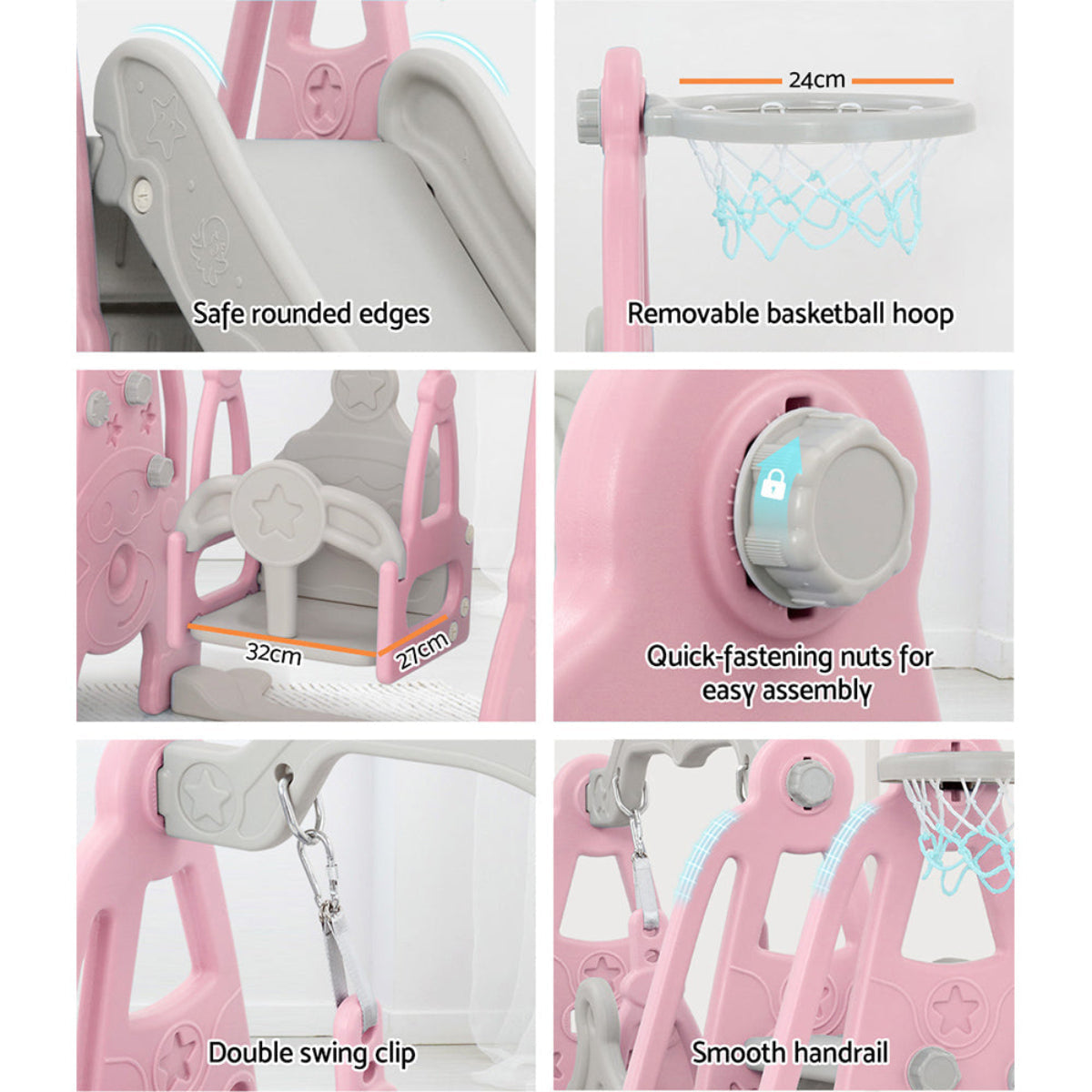 Keezi Kids Extra Long Slide and Swing with Basketball Hoop Set - Pink
