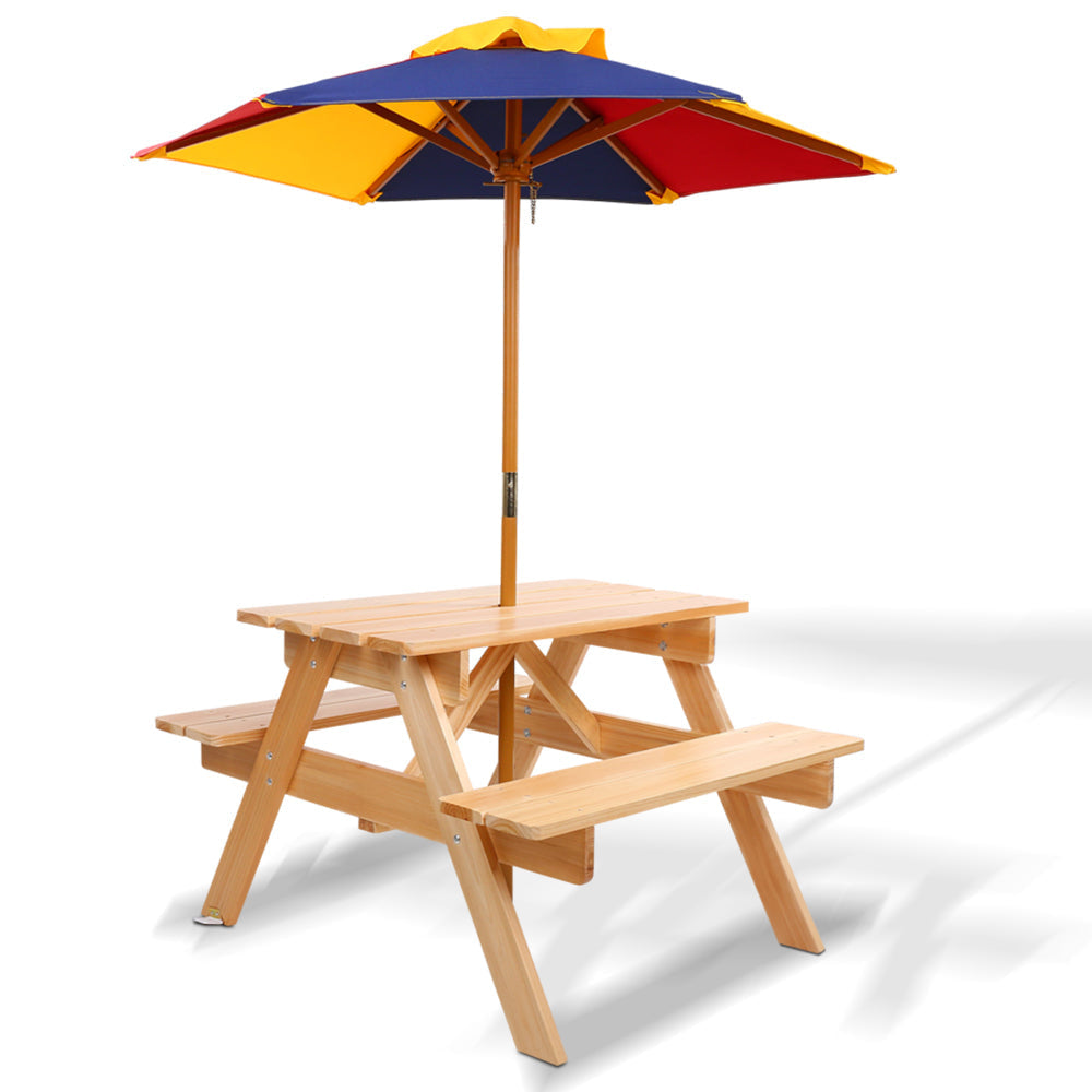 Keezi Kids Outdoor Wooden Picnic Table and Chairs Set with Umbrella