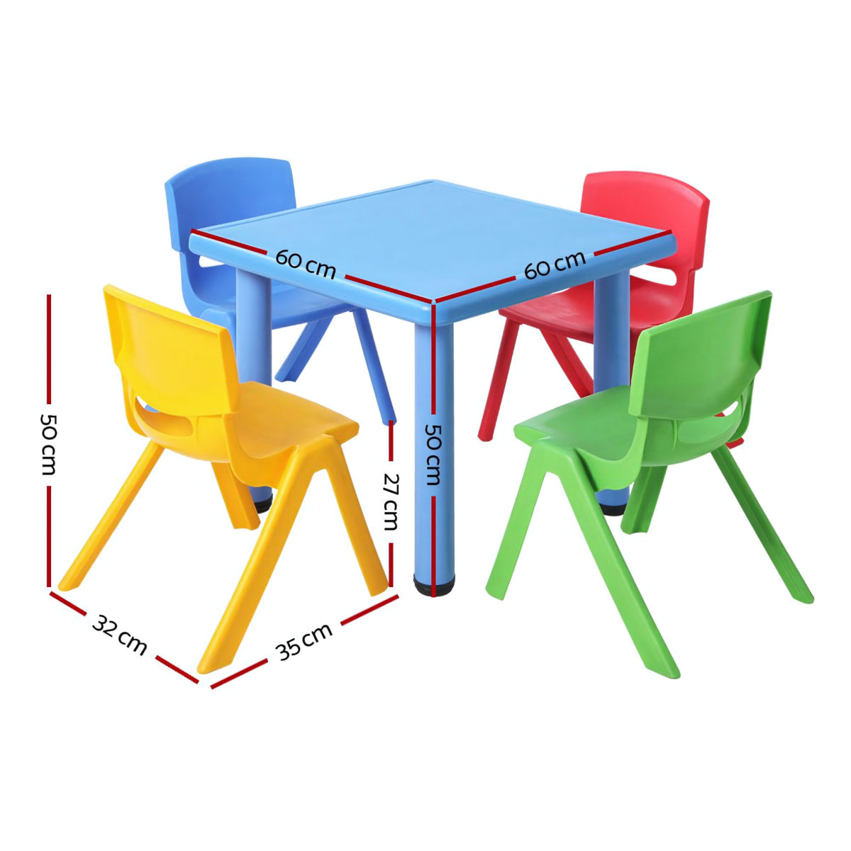 Kids Plastic Table and 4 Chairs Set – Coloured Square Table with Stackable Chairs