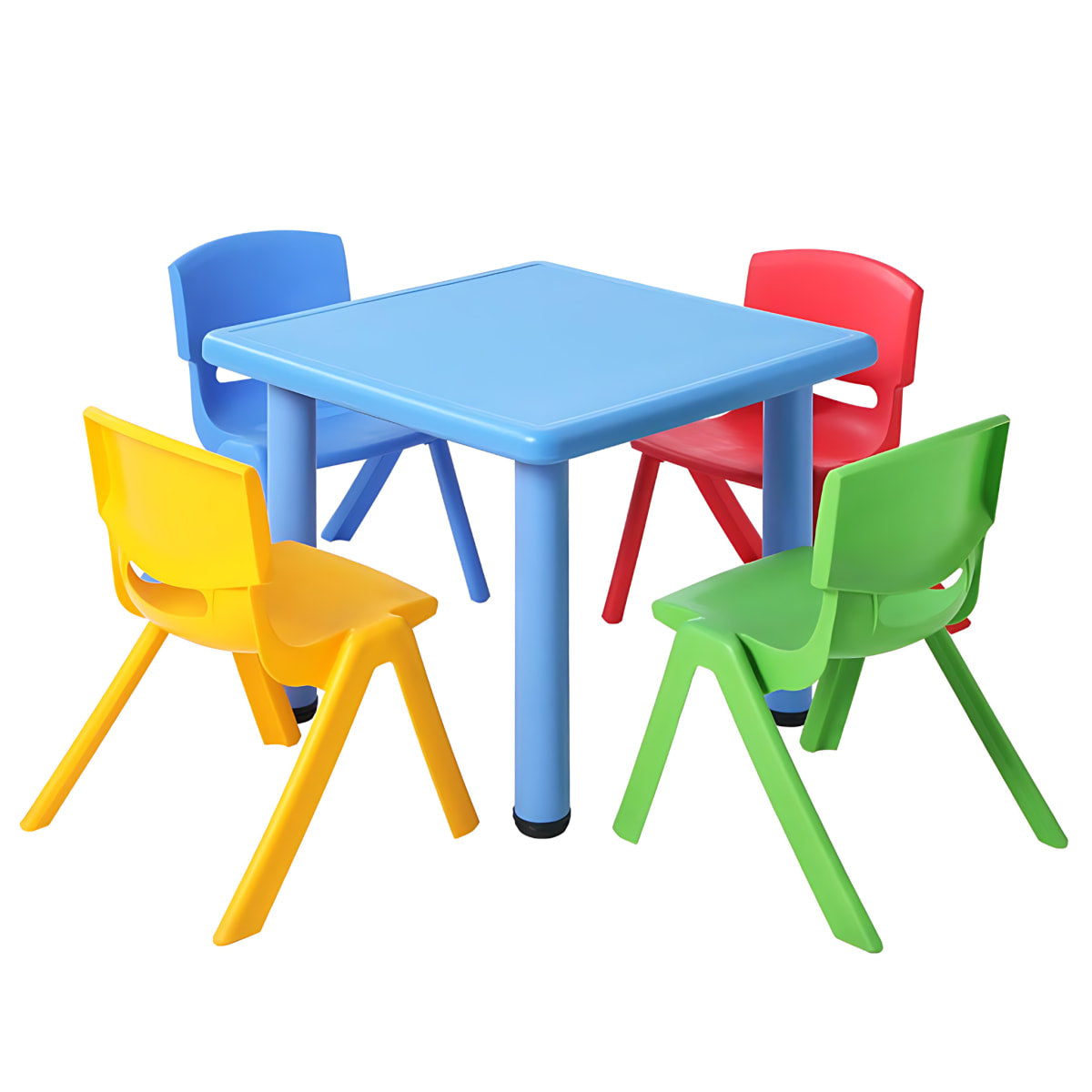 Kids Plastic Table and 4 Chairs Set – Coloured Square Table with Stackable Chairs