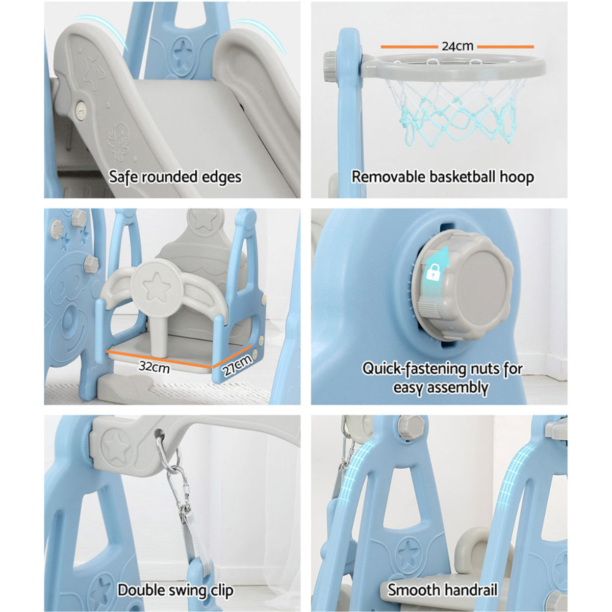 Keezi Toddler Slide and Blue Swing with Basketball Set