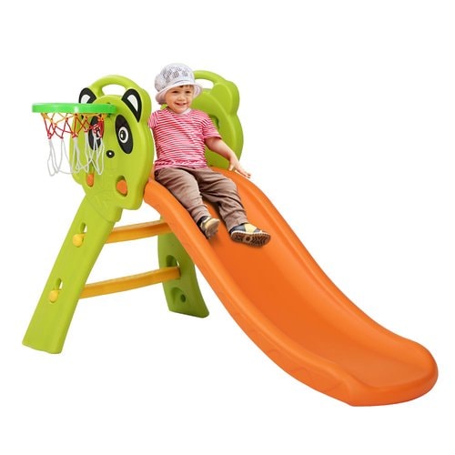 Kids Plastic Panda Slide and Basketball Hoop