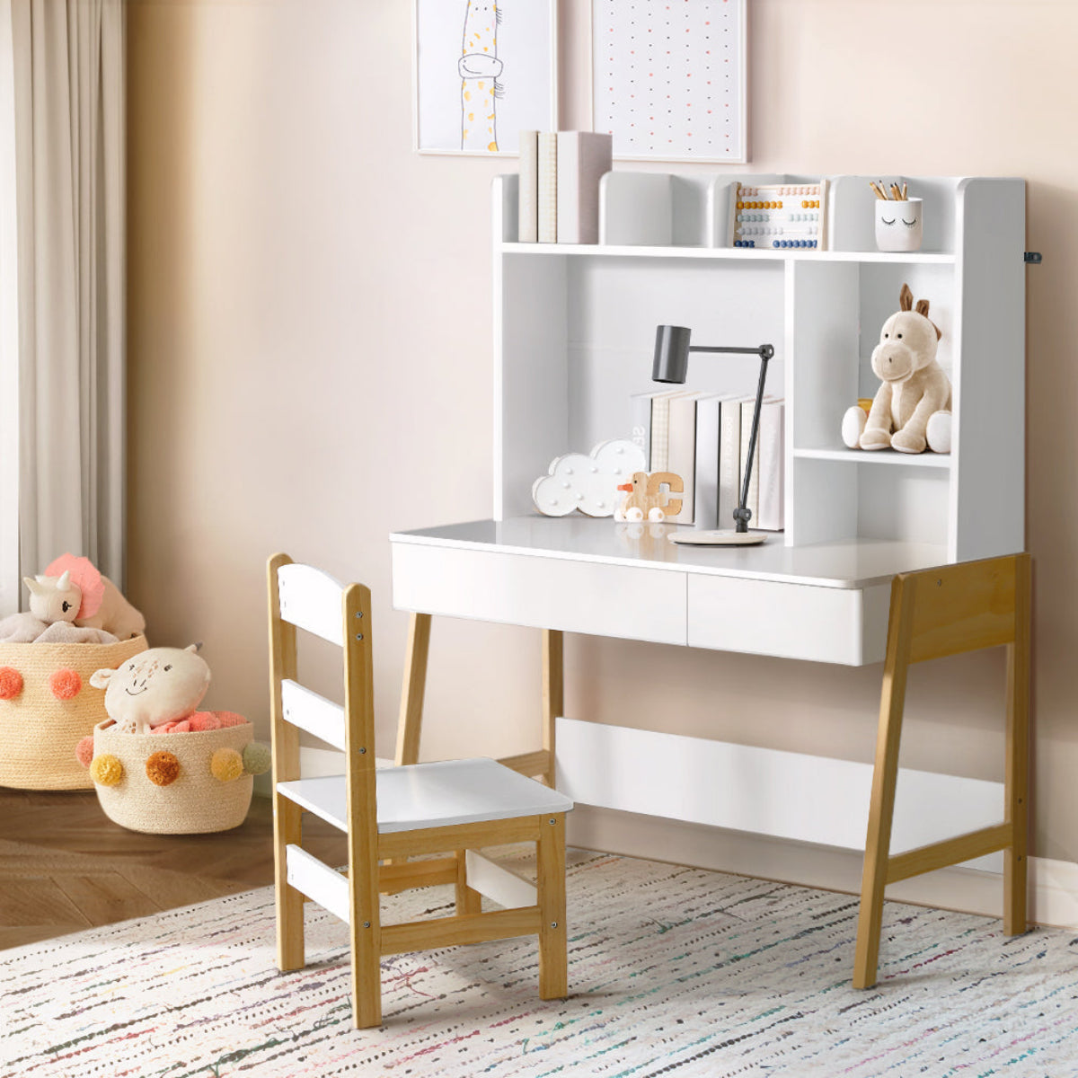 Kids White Storage Desk and Chair Set