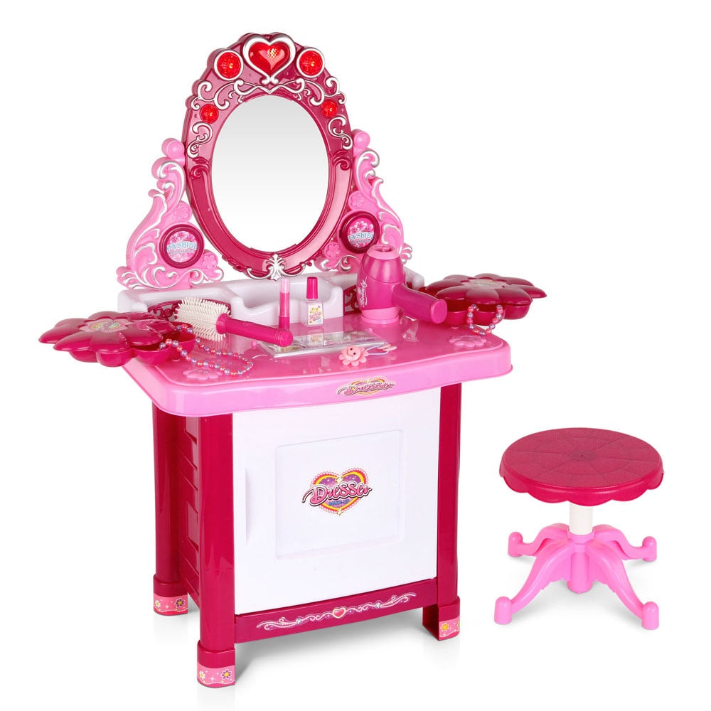 Keezi Pink Princess Make Up Dresser with Accessories and Mini Stool